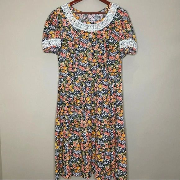 Vintage Handmade Prairie Cottagecore Floral Print Puff Sleeve Midi Dress - Picture 1 of 13